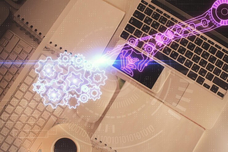 Foto exposición múltiple del holograma de dibujo del tema de datos sobre el fondo del escritorio de trabajo de vista superior con concepto de tecnología de computadora