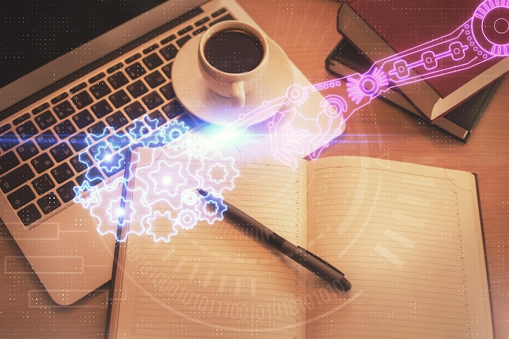 Foto exposición múltiple del holograma de dibujo del tema de datos sobre el fondo del escritorio de trabajo de vista superior con concepto de tecnología de computadora