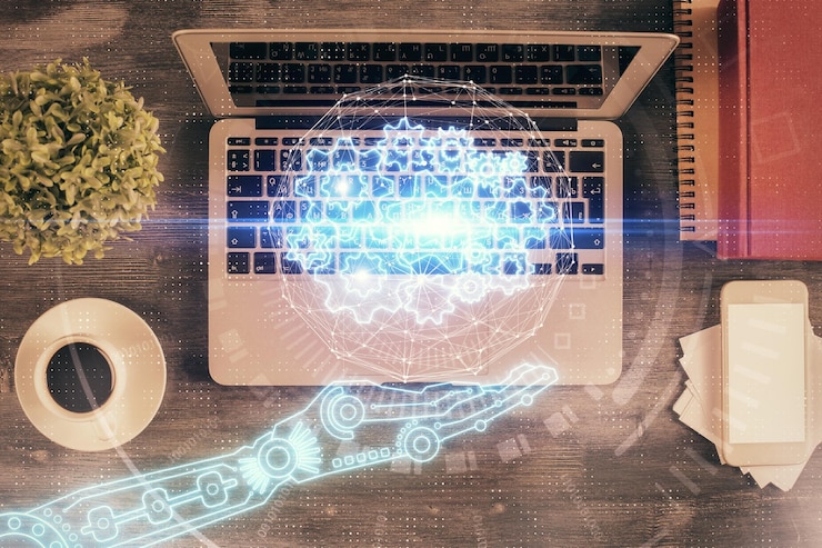 Foto exposición múltiple del holograma de dibujo del tema de datos sobre el fondo del escritorio de trabajo de vista superior con concepto de tecnología de computadora