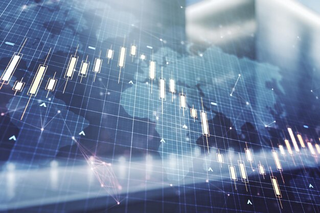 Exposición múltiple de holograma de gráfico financiero abstracto virtual y mapa mundial en el concepto de investigación y análisis de fondo exterior del centro de negocios moderno