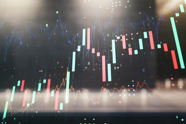 Exposición múltiple del holograma de gráfico financiero creativo virtual en el concepto de análisis e investigación de fondo exterior del moderno centro de negocios