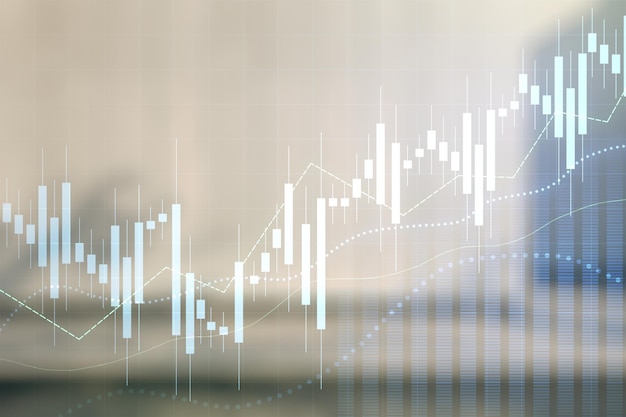 Exposición múltiple de holograma de gráfico financiero virtual abstracto en concepto de inversión y forex de fondo de edificio de oficinas moderno borroso