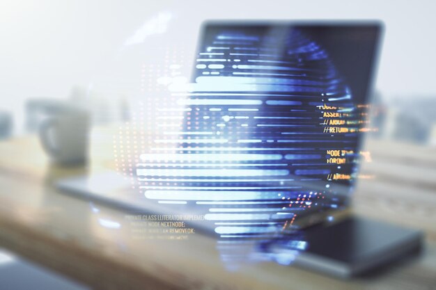 Exposición múltiple de holograma de lenguaje de programación abstracto con mapa mundial y escritorio moderno con computadora en el fondo de inteligencia artificial y concepto de redes neuronales