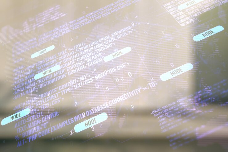 Foto exposición múltiple de holograma de lenguaje de programación abstracto y mapa mundial en el fondo exterior del centro de negocios contemporáneo inteligencia artificial y concepto de redes neuronales