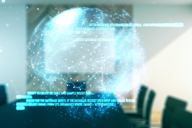 Exposición múltiple del holograma del lenguaje de programación abstracto y el mapa mundial en un moderno interior de oficina amueblado con inteligencia artificial y concepto de redes neuronales