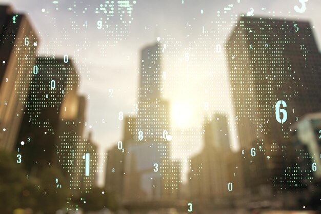 Exposición múltiple del holograma del lenguaje de programación abstracto y el mapa mundial sobre el fondo borroso del paisaje urbano, la inteligencia artificial y el concepto de redes neuronales