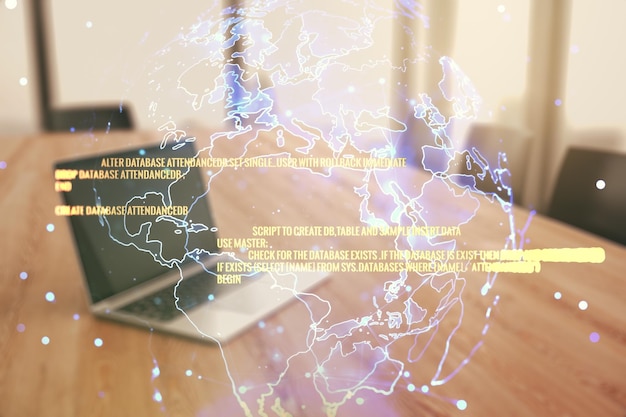Exposición múltiple de holograma de lenguaje de programación abstracto con mapa mundial sobre inteligencia artificial de fondo informático y concepto de redes neuronales