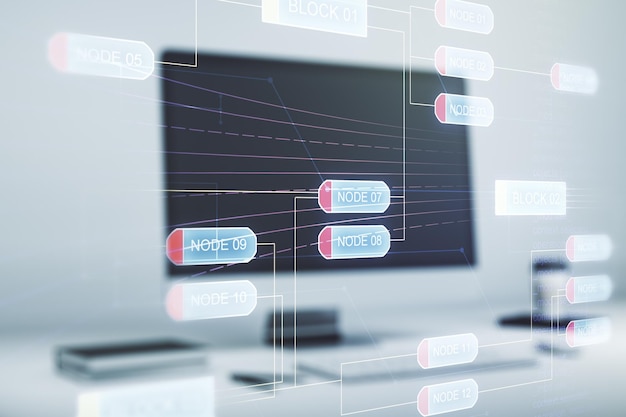 Exposición múltiple de holograma de lenguaje de programación abstracto sobre inteligencia artificial de fondo de computadora y concepto de redes neuronales