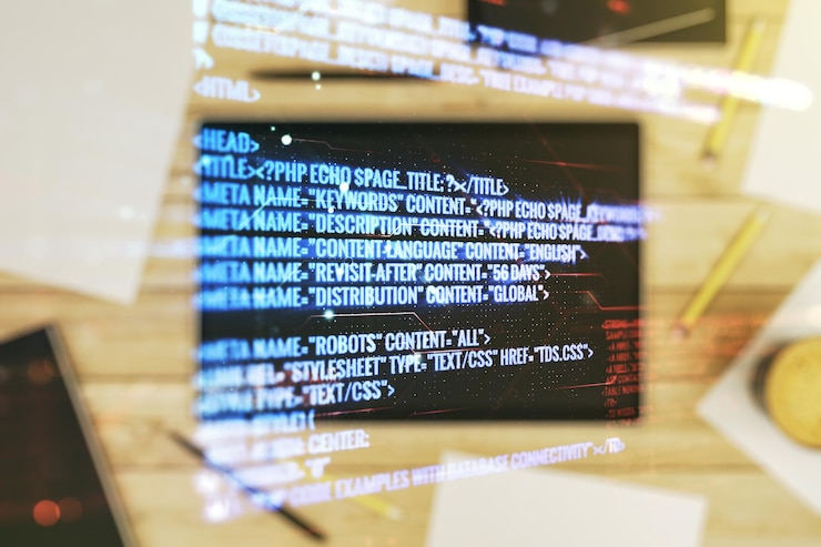 Foto exposición múltiple de un holograma de lenguaje de programación abstracto y una tableta digital moderna en el fondo del concepto de inteligencia artificial y aprendizaje automático