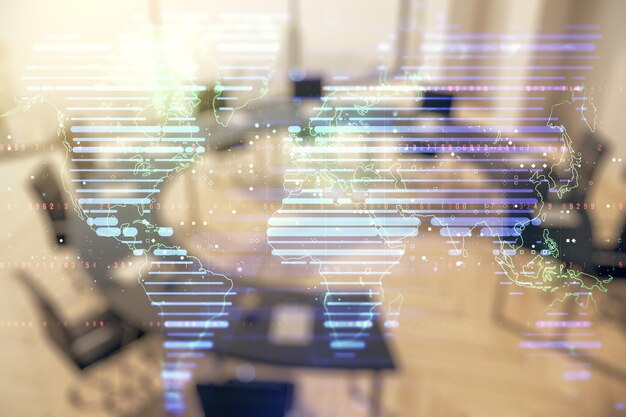 Exposición múltiple de holograma de mapa mundial digital creativo abstracto en un concepto de análisis e investigación de fondo de sala de reuniones moderna