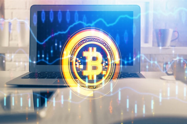 Exposición múltiple del holograma del tema blockchain y la tabla con fondo de computadora Concepto de la criptomoneda bitcoin