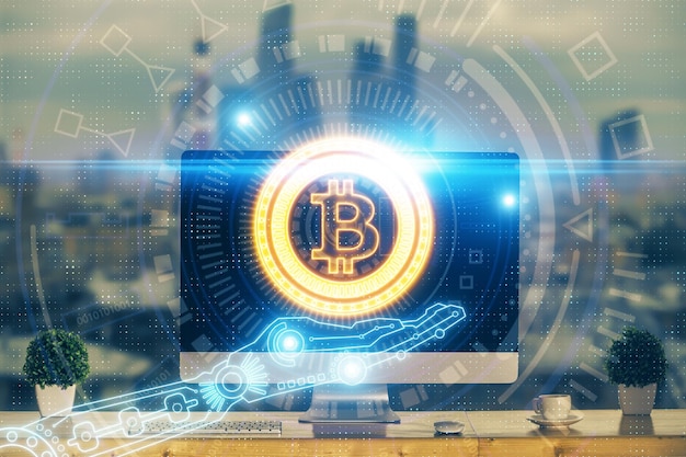Exposición múltiple del holograma del tema blockchain y la tabla con fondo de computadora Concepto de la criptomoneda bitcoin