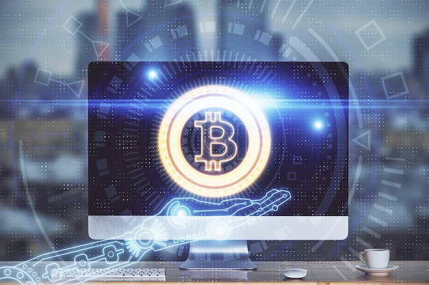 Exposición múltiple del holograma del tema blockchain y la tabla con fondo de computadora Concepto de la criptomoneda bitcoin
