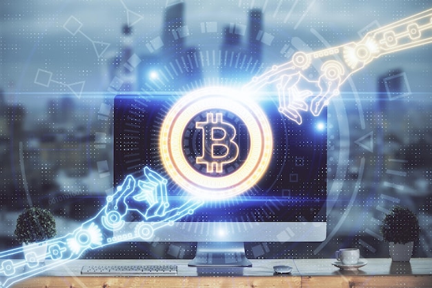 Exposición múltiple del holograma del tema blockchain y la tabla con fondo de computadora Concepto de la criptomoneda bitcoin