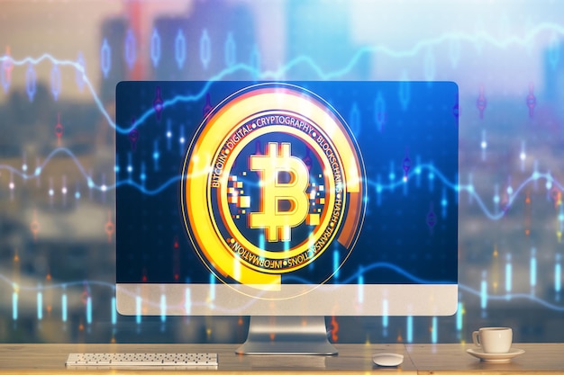 Exposición múltiple del holograma del tema blockchain y la tabla con fondo de computadora Concepto de la criptomoneda bitcoin