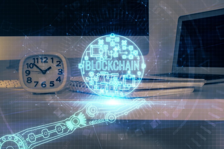 Foto exposición múltiple del holograma del tema blockchain y la tabla con fondo de computadora concepto de la criptomoneda bitcoin