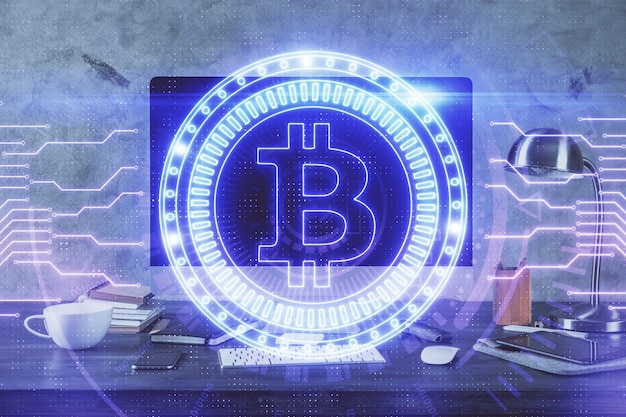 Exposición múltiple del holograma del tema blockchain y la tabla con fondo de computadora Concepto de la criptomoneda bitcoin