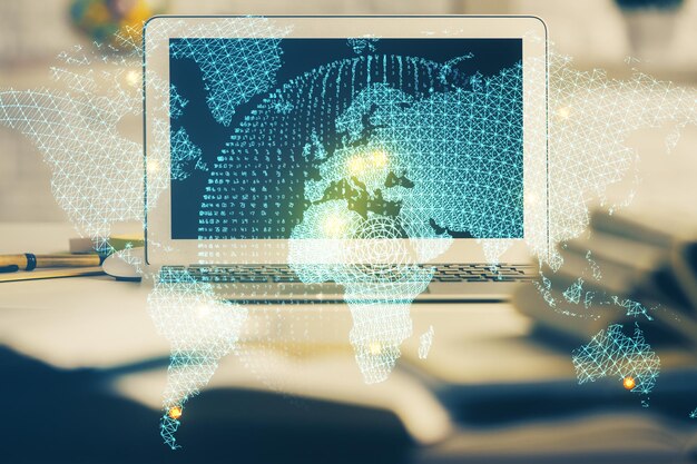 Exposición múltiple de iconos de temas de negocios y espacio de trabajo con fondo de computadora Concepto de éxito