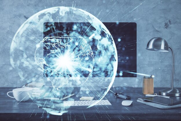 Exposición múltiple de iconos temáticos de negocios y tabla con fondo de computadora Concepto de éxito
