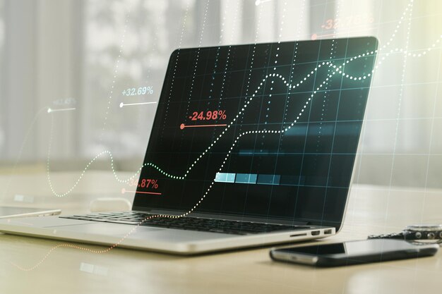 Exposición múltiple de la ilustración de datos estadísticos en el concepto de análisis e informática de fondo de portátiles modernos