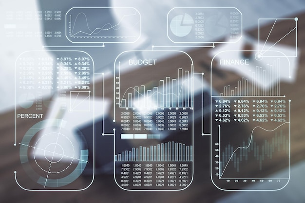Exposición múltiple de ilustración de datos estadísticos y escritorio moderno con computadora en concepto de análisis e informática en segundo plano