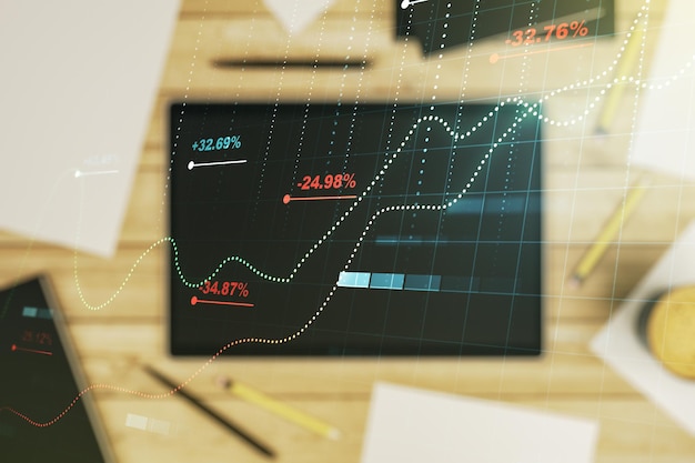 Exposición múltiple de ilustración de datos estadísticos y tableta digital moderna en concepto de análisis e informática de vista superior de fondo