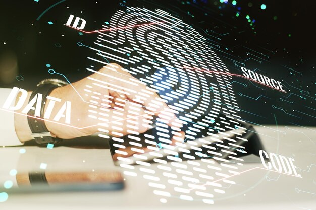 Exposición múltiple de la interfaz de escaneo de huellas dactilares abstracta y mano trabajando con una tableta digital en el concepto de acceso digital de fondo