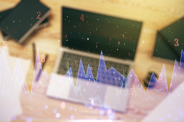 Exposición múltiple de la interfaz de holograma de datos estadísticos abstractos en el concepto de análisis e informática de fondo de computadora