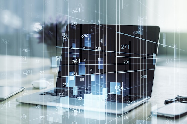Exposición múltiple de la interfaz de hologramas de datos estadísticos abstractos en el concepto de computación y análisis en el fondo de la computadora