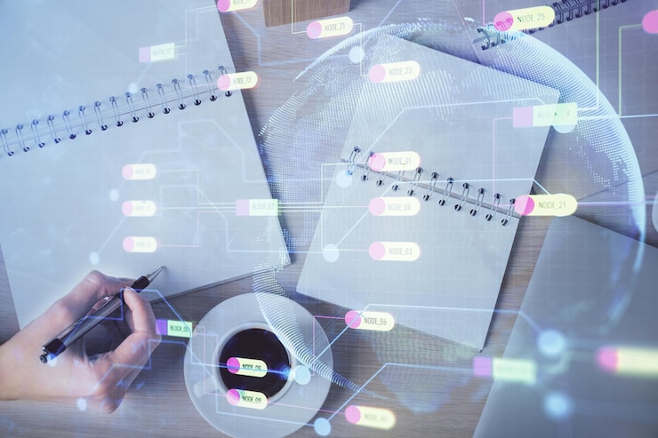 Foto exposición múltiple de la mano de escritura de la mujer en el fondo con tecnología de datos hud concepto de innovación