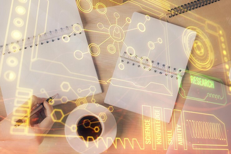 Foto exposición múltiple de la mano de escritura de la mujer en el fondo con tecnología de datos hud concepto de innovación