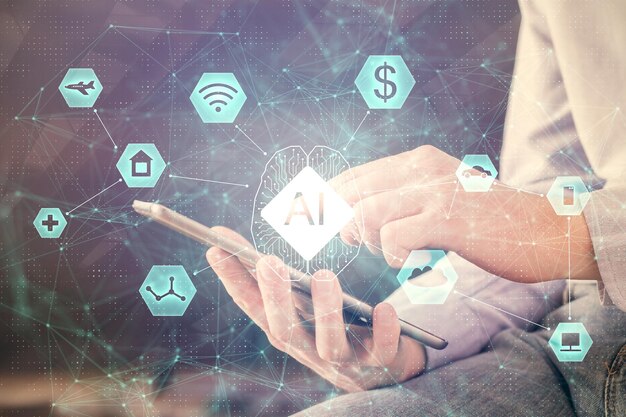 Exposición múltiple de la mano del hombre sosteniendo y usando un dispositivo digital y un tema de datos dibujando el concepto de innovación
