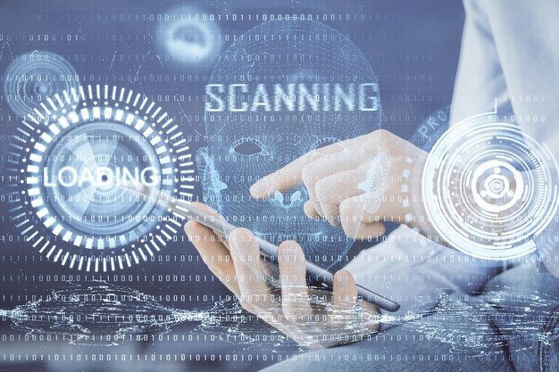 Exposición múltiple de la mano del hombre sosteniendo y usando un dispositivo digital y un tema de datos dibujando el concepto de innovación