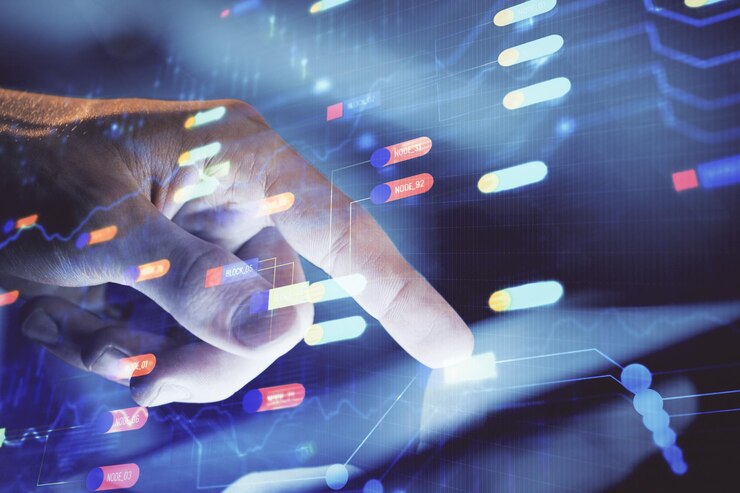 Foto exposición múltiple de la mano del hombre sosteniendo y usando un dispositivo digital y un tema de datos dibujando el concepto de innovación