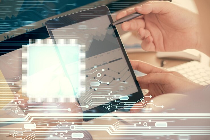 Foto exposición múltiple de las manos de los hombres sosteniendo y utilizando un dispositivo digital y dibujo del tema de los datos concepto de innovación