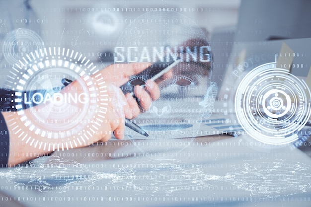 Exposición múltiple de las manos de los hombres sosteniendo y utilizando un dispositivo digital y dibujo del tema de los datos Concepto de innovación