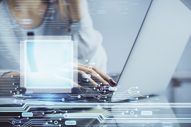 Exposición múltiple de manos de mujer trabajando en computadora y concepto de tecnología de dibujo de holograma de tema de datos
