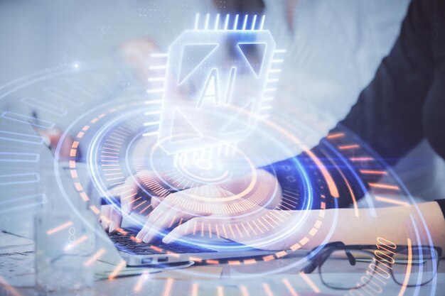 Exposición múltiple de manos de mujer trabajando en computadora y concepto de tecnología de dibujo de holograma de tema de datos