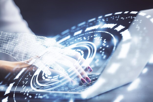 Exposición múltiple de manos de mujer trabajando en computadora y concepto de tecnología de dibujo de holograma de tema de datos