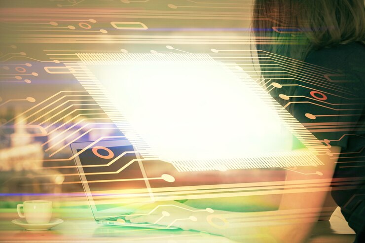 Foto exposición múltiple de manos de mujer trabajando en computadora y concepto de tecnología de dibujo de holograma de tema de datos