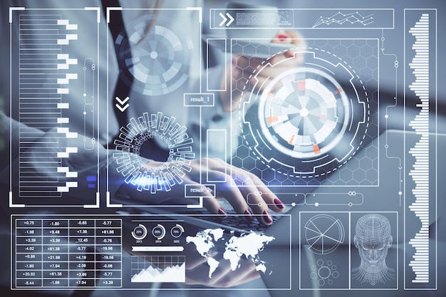 Exposición múltiple de manos de mujer trabajando en computadora y concepto de tecnología de dibujo de holograma de tema de datos