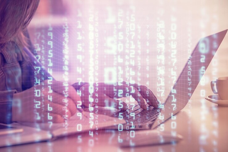Foto exposición múltiple de manos de mujer trabajando en computadora y concepto de tecnología de dibujo de holograma de tema de datos