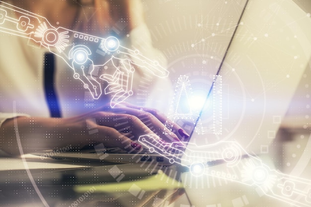 Exposición múltiple de manos de mujer trabajando en computadora y concepto de tecnología de dibujo de holograma de tema de datos