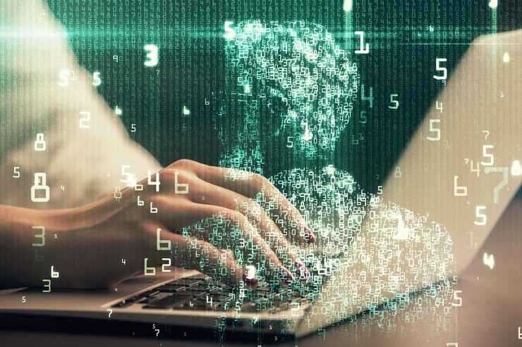 Foto exposición múltiple de manos de mujer trabajando en computadora y concepto de tecnología de dibujo de holograma de tema de datos