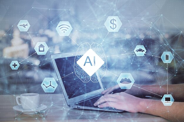 Exposición múltiple de manos de mujer trabajando en computadora y concepto de tecnología de dibujo de holograma de tema de datos