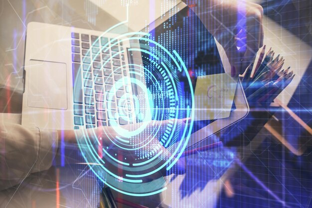 Exposición múltiple de manos de mujer trabajando en computadora y concepto de tecnología de dibujo de holograma de tema de datos