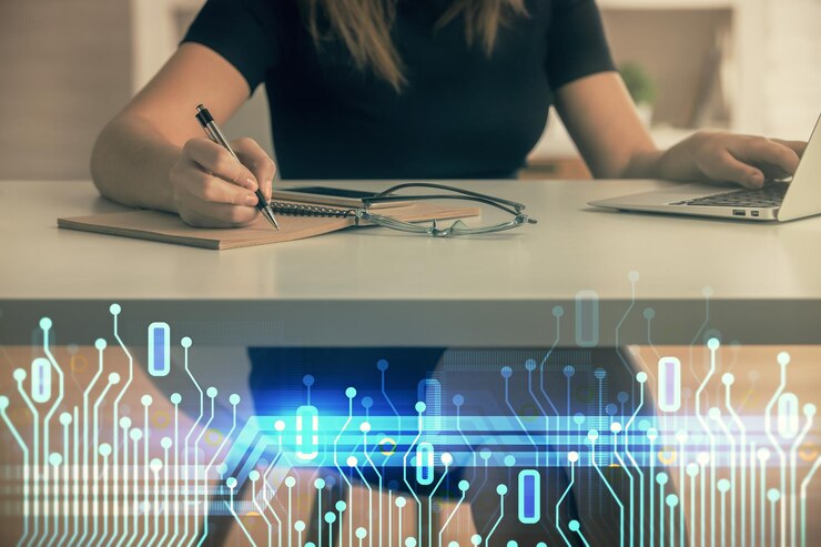 Foto exposición múltiple de manos de mujer trabajando en computadora y concepto de tecnología de dibujo de holograma de tema de datos