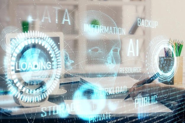 Exposición múltiple de manos de mujeres en el fondo con holograma de codificación de tecnología Concepto de datos