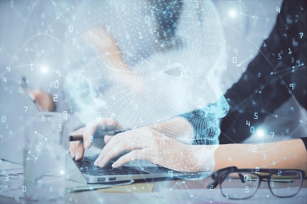 Exposición múltiple de manos de mujeres trabajando en computadora y dibujo de hologramas cerebrales Concepto Ai