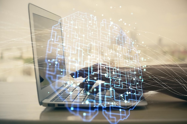Exposición múltiple de manos de mujeres trabajando en computadora y dibujo de hologramas cerebrales Concepto Ai